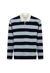 Polo a maniche lunghe con righe alternate blu e nere, dotato di colletto bianco e patta con bottoni. Realizzato in tessuto morbido.