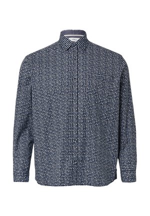 Marineblaue Hemdbluse mit weißem Punktmuster, langen Ärmeln, verbreitetem Kragen und lockerem Schnitt. 100 % Baumwollstoff.