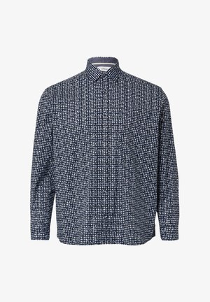 Chemise bleu marine à boutons avec un motif à pois blancs, manches longues, col pointu et coupe décontractée. Tissu 100 % coton.