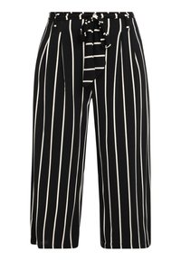 Czarno-białe spódnice culotte w paski z elastycznym paskiem w talii. Wykonane z miękkiego, lekkiego materiału, z pionowymi liniami i skróconą długością.