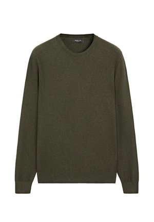 Olive green knitted sweater, crew neckline, long sleeves, textured fabric with a honeycomb pattern, ribbed cuffs and hem.