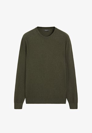 Olive green knitted sweater, crew neckline, long sleeves, textured fabric with a honeycomb pattern, ribbed cuffs and hem.