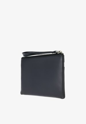 Black leather zippered pouch with attached wrist strap, rectangular shape, smooth texture, and silver zipper detail.