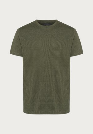 Tricou din bumbac de culoare verde măslin, cu guler rotund, mâneci scurte și o textură subtilă. Linii curate, fără alte embellishments.