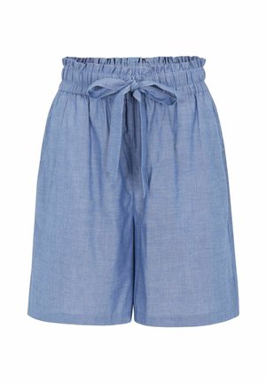 Pantaloni scurți de culoare albastru deschis, cu talie înaltă, elastică și curea din material textil, având un croi lejer și lungime până la genunchi.