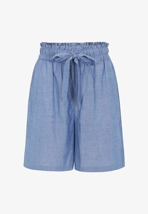 Svetlomodré šortky s vysokým pásom, s nariaseným pásom a opaskom z látky, s voľným strihom po kolená.