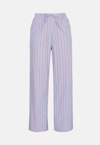 Φαρδιά παντελόνια λιλά με κάθετες λευκές και μπλε ρίγες, ελαστική μέση και κορδόνι μπροστά.