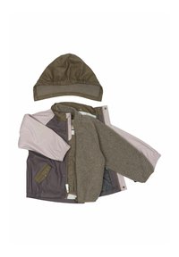 Veste réversible avec une couche extérieure marron, des manches rose pâle et un intérieur gris. Comprend une capuche assortie marron avec une doublure intérieure texturée.