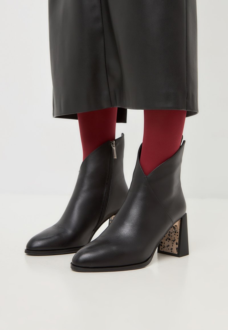 Botas de cuero negro hasta el tobillo con punta afilada y tacón cuadrado texturizado con un diseño moteado. Detalle de cremallera en el lado exterior.