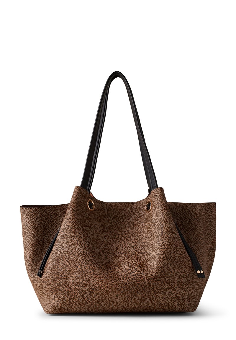 Borsa a manico con texture marrone e manici neri, dotata di grommet in tonalità oro e una tasca con zip sul lato. Design ampio e senza chiusura superiore.