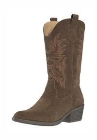 Bota cowboy de ante marrón con puntera afilada, costura decorativa y tacón bajo apilado. Presenta tiradores para facilitar su puesta.