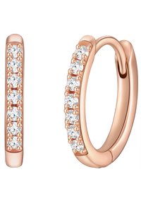 Rožu zelta riņķa auskari ar rindu spīdošu caurspīdīgu kristālu gar vienu pusi. Dizains ir elegants, ar gludu apdari un noapaļotiem malām.