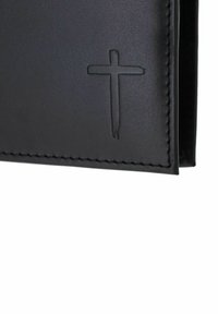 Black leather wallet with stitched edges, featuring a debossed cross design for texture and detail. Smooth finish with a minimalistic look.