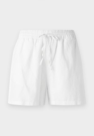 Shorts albe din bumbac, cu talie elastică, detalii cu șnur și croială relaxată. Textură netedă și design până la genunchi.