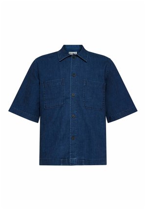 Blue denim short-sleeve shirt with a pointed collar, two chest pockets, and front button closure. Features a relaxed fit and textured fabric.