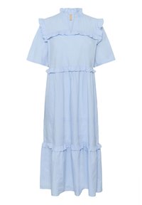 Svetlo modra midi obleka s kratkimi rokavi, z naborki na yoku, pasu, rokavih in spodnjem robu ter majhnim razporkom pri izrezu.