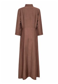 Brown long dress with a collar, three-quarter sleeves, and a textured fabric. The design is straight-cut with a mid-back seam.