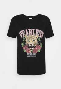 Černé bavlněné tričko s grafikou hlavy leopardu s modrýma očima, obklopené růžovými růžemi a textem: "BEZBÁZINĚ Rock&Roll SVĚTOVÉ TURNÉ."