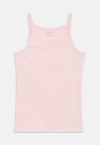 Pink cotton tank top with thin straps, a round neckline, and a smooth texture. Features a subtle decorative stitch on the front.