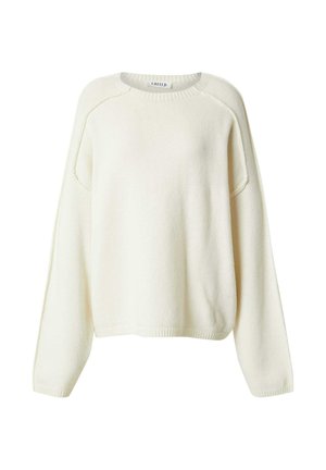 Cremefarbener, gestrickter Pullover mit rundem Ausschnitt, überschnittenen Schultern und geripptem Saum. Weiche Textur und lockere Passform.