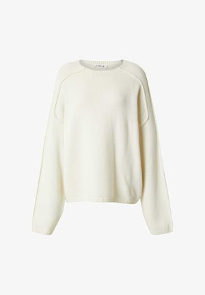 Cream-colored knitted sweater with a round neckline, dropped shoulders, and ribbed hem. Soft texture and relaxed fit.