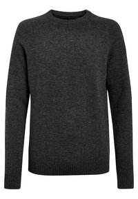 Dunkelgrauer Wollpullover, Rundhalsausschnitt, lange Ärmel, gerippter Saum und Bündchen, glatte Textur, minimalistisches Design ohne Muster oder Akzente.