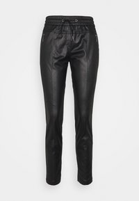 Svarta byxor i konstläder med slim fit, elastisk midja, dragsko och dragkedjefickor på sidorna. Slät textur.