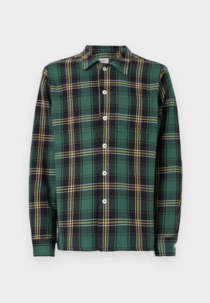 Green flannel shirt with black and yellow plaid pattern, long sleeves, a collar, and button front closure.  Features white buttons and a label.