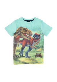T-shirt azzurro chiaro a maniche corte con una vivace grafica di dinosauri, che include due T-Rex in un paesaggio verde con il testo "DINO WORLD".