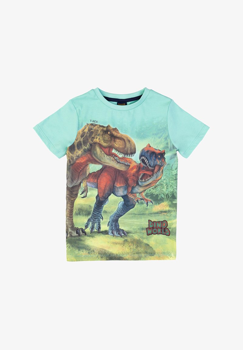 T-shirt azzurro chiaro a maniche corte con una vivace grafica di dinosauri, che include due T-Rex in un paesaggio verde con il testo "DINO WORLD".