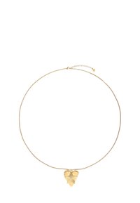 Gouden ketting met een dunne schakel en een hartvormige hanger met een bloemmotief en gestructureerde accenten. Verstelbare lengte met kettingverlenging.