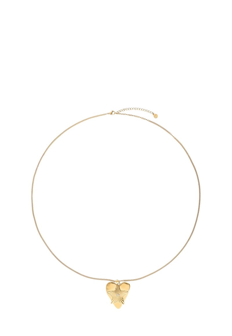 Gouden ketting met een dunne schakel en een hartvormige hanger met een bloemmotief en gestructureerde accenten. Verstelbare lengte met kettingverlenging.