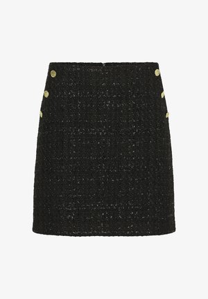 Čierna tkaná mini sukňa s textúrovaným povrchom, so zlatými gombíkovými akcentmi na ľavej strane a štruktúrovaným A-liniovým strihom.