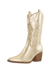 Bota vaquera de metal dorado con punta afilada, diseño en relieve en el eje, tacón medio y tiradores en el cuello.