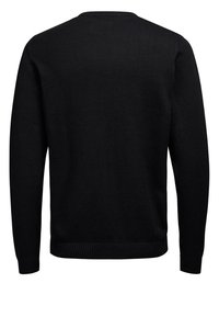 Czarny sweter z dzianiny z okrągłym dekoltem. Gładka faktura oraz ściągacze na mankietach, dole i przy szyi. Charakteryzuje się prostym, nieozdobionym wzorem.