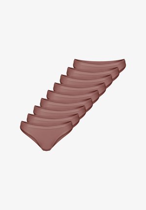 Zestaw dziewięciu brązowych bawełnianych bikini z gładką fakturą, niskim stanem i elastycznym pasem zapewniającym wygodne dopasowanie.
