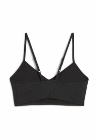 Zwarte bralette met dunne verstelbare bandjes, textiel met een geometrisch patroon en een gestructureerd, cropped ontwerp.