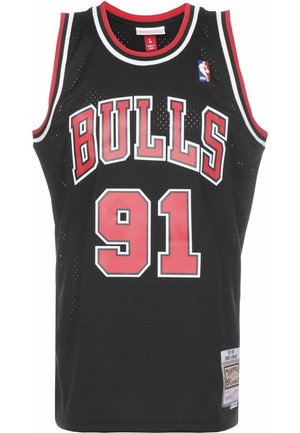 Maillot de basket-ball noir des Chicago Bulls avec des bordures rouges et blanches, numéro 91, et logo NBA sur la partie supérieure droite de la poitrine.