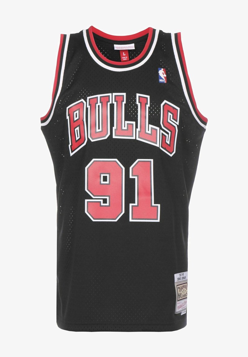 Maillot de basket-ball noir des Chicago Bulls avec des bordures rouges et blanches, numéro 91, et logo NBA sur la partie supérieure droite de la poitrine.