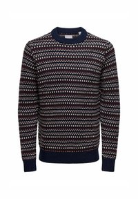 Pull en tricot bleu marine avec motif multicolore. Doté d'un col rond et de poignets côtelés. Fabriqué en tissu texturé, adapté pour les temps frais.
