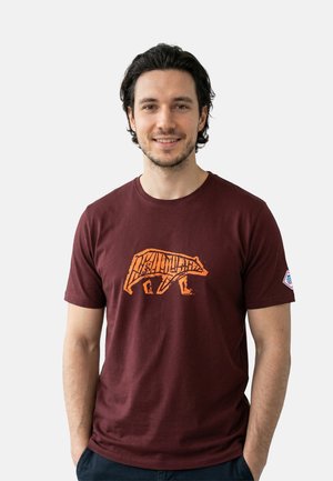 Junger Mann mit dunklen Haaren, der ein dunkelrotes T-Shirt mit einem orangefarbenen Bärenmotiv trägt, steht vor einem schlichten hellen Hintergrund und lächelt.