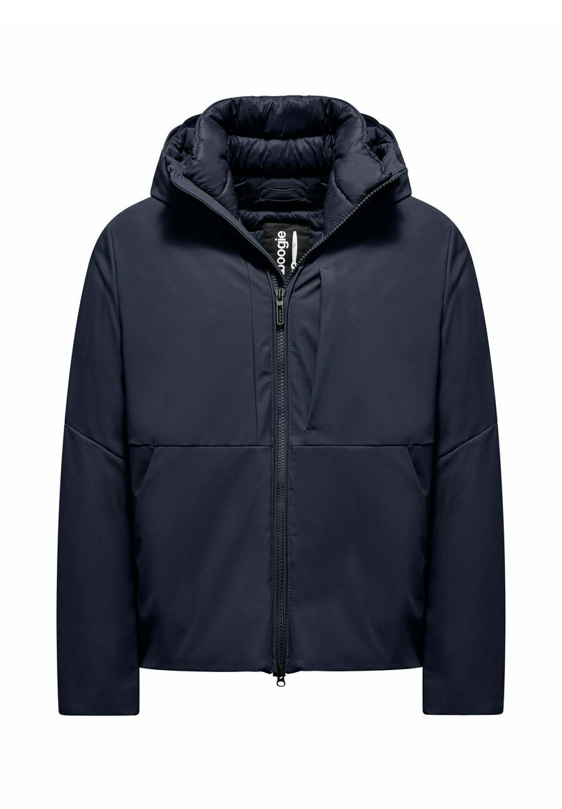 Giacca imbottita blu navy con cappuccio, chiusura con zip, tasche frontali e una texture liscia. Presenta un distintivo rivestimento interno gonfio.