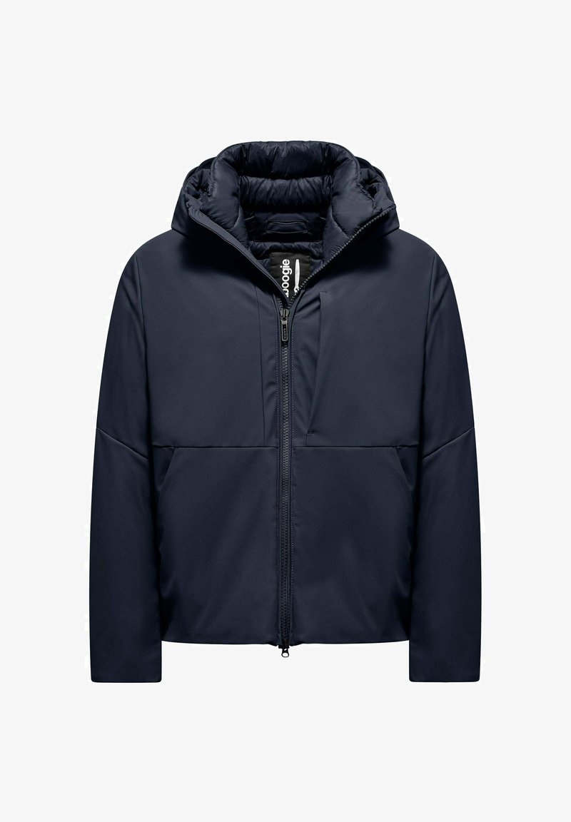 Giacca imbottita blu navy con cappuccio, chiusura con zip, tasche frontali e una texture liscia. Presenta un distintivo rivestimento interno gonfio.