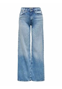 Svetle modré široké džíny vyrobené z denimu, s vysokým pasem, pěti kapsami a vybledlým efektem s kontrastním šitím.