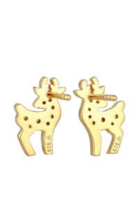Orecchini a forma di renna in tono oro con un design a intaglio e pois, contrassegnati con "925" per il contenuto di argento, e chiusura a perno.