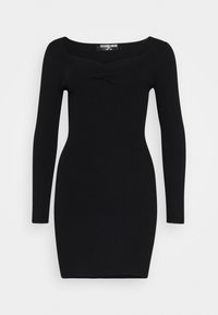 Svart räfflad stickad mini-klänning med långa ärmar och fyrkantig halsringning som har en subtil sammanknuten detalj i mitten.