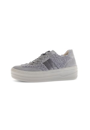 Gray low-top sneaker with thick white sole, laces, black side stripe, and textured fuzzy fabric panels on upper.