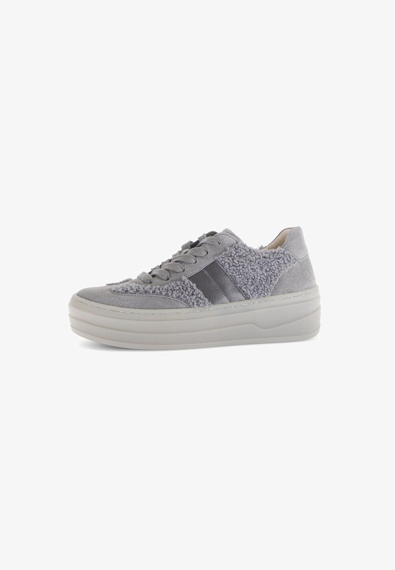 Gray low-top sneaker with thick white sole, laces, black side stripe, and textured fuzzy fabric panels on upper.