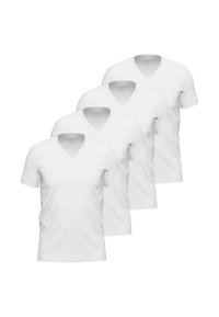 Cztery białe koszulki typu V-neck z gładkiego materiału, z krótkim rękawem i klasycznym krojem, wyeksponowane w ułożeniu stosu.