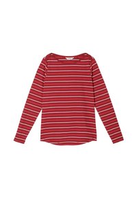 Red long-sleeve shirt with white horizontal stripes. Features a scoop neckline and a rounded hem, made from a soft, lightweight fabric.